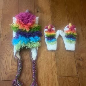 Rainbow Unicorn Knit Hat and Mittens Set
